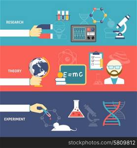 Science Theory Banner Set . Science theory research and experiment hand with devices flat color horizontal banner set isolated vector illustration
