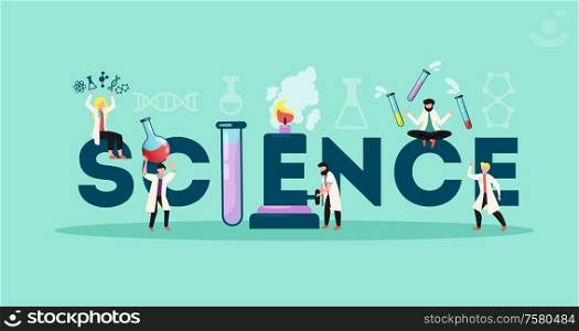 Science title header lettering decorated with lab assistants juggling with test tubes retorts flat horizontal vector illustration