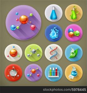 Science, tubes and molecules long shadow icon set