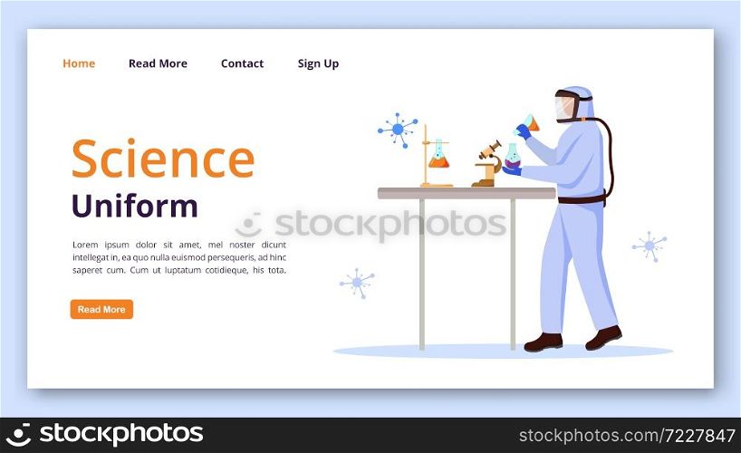 Science uniform landing page vector template. Protection suit for laboratory website interface idea with flat illustrations. Chemist equipment homepage layout, web banner, webpage cartoon concept. Science uniform landing page vector template