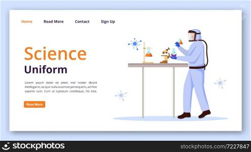 Science uniform landing page vector template. Protection suit for laboratory website interface idea with flat illustrations. Chemist equipment homepage layout, web banner, webpage cartoon concept. Science uniform landing page vector template