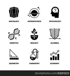 Science vector icons set. Genetics and economy, algebra and chemistry. Geometry and biology, psychology and astrophysics, sociology symbols. Monochrome illustration sign of science discipline. Science vector icons set. Genetics and economy, algebra and chemistry. Geometry and biology, psychology and astrophysics, sociology symbols
