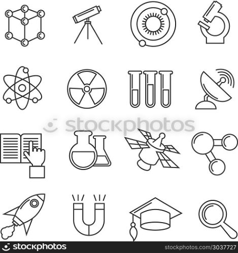 Science vector thin line icons set. Science vector thin line icons set. Research and study science, radioactive science icons of set illustration