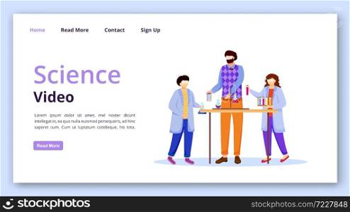Science video landing page vector template. Visual chemistry experiment website interface idea with flat illustrations. Tutorial for kids homepage layout, web banner, webpage cartoon concept. Science video landing page vector template