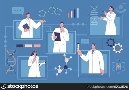 Science virtual research medicine. Flat scientists developing chemical dna. Laboratory biochemistry, online global pharma lab kicky vector concept of research dna illustration. Science virtual research medicine. Flat scientists developing chemical dna. Laboratory biochemistry, online global pharma lab kicky vector concept