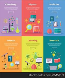 Science Web Banners Set. Science web banners set. Medicine, science, research, learning, chemistry, physics banners. Laboratory template of flyear. Scientific research, science lab, science test, technology illustration.