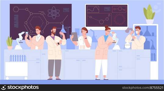 Science workers in research lab. Cartoon scientist in laboratory room chemical medical scientific equipment, development biotechnology, vector illustration. Scientist at lab, research laboratory. Science workers in research lab. Cartoon scientist in laboratory room chemical medical scientific equipment, development pharmaceutical biotechnology, splendid vector illustration