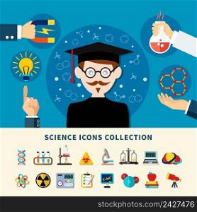 Sciences banner and icons collection set of scientific experiments for education flat vector illustration. Science Icons Collection