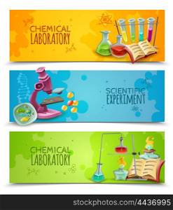 Scientific Chemical Laboratory Flat Banners Set. Chemical research laboratory equipment for scientific experiment 3 flat abstract horizontal banners set vector isolated illustration