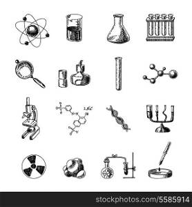 Scientific chemistry laboratory equipment of retort glass holder dna symbols doodle sketch icons set isolated vector illustration