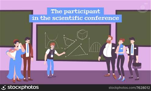Scientific conference flat background with young participant demonstrating presentation to audience vector illustration