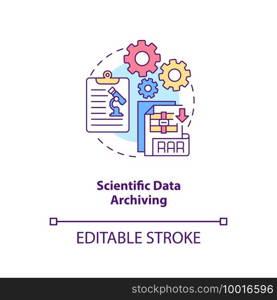 Scientific data archiving concept icon. Research information idea thin line illustration. Testing hypothesis and theories. Vector isolated outline RGB color drawing. Editable stroke. Scientific data archiving concept icon