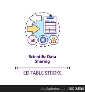 Scientific data sharing concept icon. Published study in journal idea thin line illustration. Additional information. Scientific method. Vector isolated outline RGB color drawing. Editable stroke. Scientific data sharing concept icon