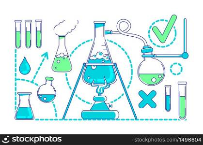 Scientific experiment thin line concept vector illustration. Laboratory equipment, flasks and beakers 2D cartoon composition for web design. Chemical research, biochemistry science creative idea. Scientific experiment thin line concept vector illustration