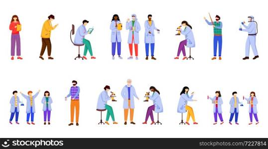 Scientific experiments flat vector illustration set. Chemistry in school. Activities for children. Conducting researches. Studying biology, chemistry isolated cartoon character on white background. Scientific experiments flat vector illustration set
