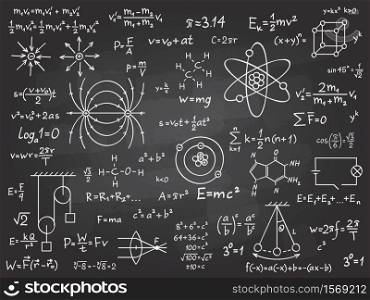 Scientific formulas. Mathematics and physics calculus on class chalkboard. Algebra and physical science handwritten vector education concept. Maths calculation on blackboard. Physics science theorem. Scientific formulas. Mathematics and physics calculus on class chalkboard. Algebra and physical science handwritten vector education concept