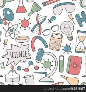 Scientific hand drawn seamless pattern. Science background of chemistry, biology, physics. Subjects of chemical experiment and physical phenomena. Education print, vector illustration. Scientific hand drawn seamless pattern