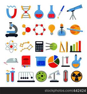 Scientific icon set. Science lab with different equipment. Vector pictures in flat style. Science and research education, equipment microscope illustration. Scientific icon set. Science lab with different equipment. Vector pictures in flat style