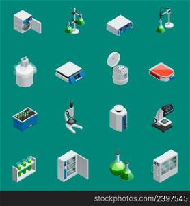 Scientific laboratory equipment isometric icons set with tools for natural research and highly technological devices isolated vector illustration . Scientific Laboratory Equipment Isometric Icons
