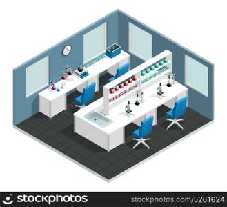 Scientific Laboratory Isometric Interior. Scientific laboratory interior isometric concept with desk to conduct the experiment and flask with chemical reagents vector illustration