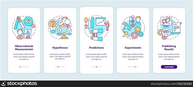 Scientific method elements onboarding mobile app page screen with concepts. Getting knowledge about world walkthrough 5 steps graphic instructions. UI vector template with RGB color illustrations. Scientific method elements onboarding mobile app page screen with concepts