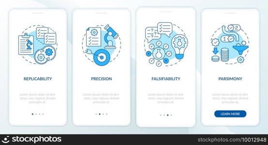 Scientific method requirements onboarding mobile app page screen with concepts. Falsifiability walkthrough 4 steps graphic instructions. UI vector template with RGB color illustrations. Scientific method requirements onboarding mobile app page screen with concepts