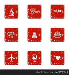 Scientific mission icons set. Grunge set of 9 scientific mission vector icons for web isolated on white background. Scientific mission icons set, grunge style