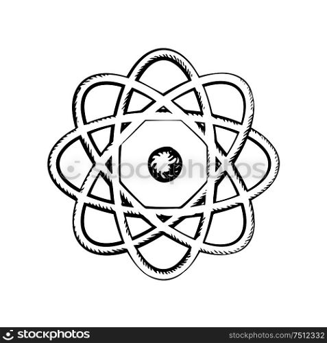 Scientific model of atom with nucleus and orbits isolated on white background. Sketch icon or symbol. Sientific model of the atom, sketch