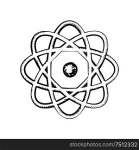 Scientific model of atom with nucleus and orbits isolated on white background. Sketch icon or symbol. Sientific model of the atom, sketch