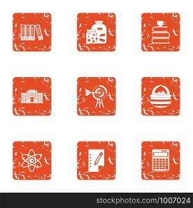 Scientific paper icons set. Grunge set of 9 scientific paper vector icons for web isolated on white background. Scientific paper icons set, grunge style