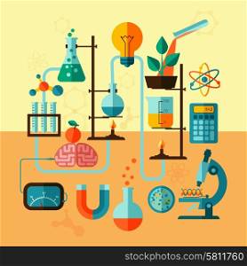Scientific research biological chemistry laboratory equipment with calculator atom symbol and microscope poster flat abstract vector illustration. Scientific research laboratory template poster