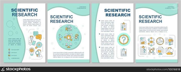 Scientific research brochure template. Search for new technologies. Flyer, booklet, leaflet print, cover design with linear icons. Vector layouts for magazines, annual reports, advertising posters. Scientific research brochure template