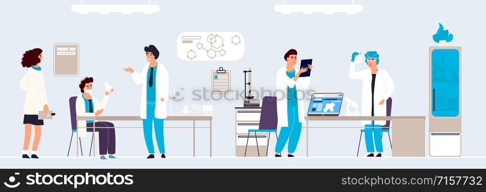 Scientific research. Cartoon people in lab doing analysis and experiment, hand drawn lab interior and equipment. Vector background isometric doctor in white coats working on professionals equipment. Scientific research. Cartoon people in lab doing analysis and experiment, hand drawn lab interior and equipment. Vector background