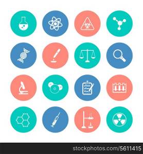 Scientific research chemistry equipment pictograms collection color circles graphic design icons set isolated vector illustration