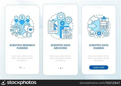 Scientific research components onboarding mobile app page screen with concepts. Science research funding walkthrough 5 steps graphic instructions. UI vector template with RGB color illustrations. Scientific research components onboarding mobile app page screen with concepts