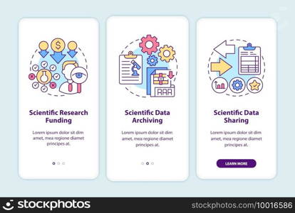 Scientific research components onboarding mobile app page screen with concepts. Sponsoring and analysing data walkthrough 5 steps graphic instructions. UI vector template with RGB color illustrations. Scientific research components onboarding mobile app page screen with concepts