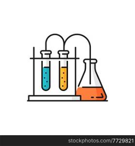 Scientific research flasks, genetics modifications isolated color line icon. Vector pharmacy and genetics equipment for scientific experiments in gene engineering science, biotechnology lab beakers. Laboratory research glassware, biochemistry lab