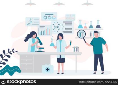 Scientific research laboratory. Scientists and pharmacists are developing new drugs and vaccines. Workplace with equipment, chemical formulas and signs. Teamwork concept. Flat vector illustration. Scientific research laboratory. Scientists and pharmacists are developing new drugs and vaccines. Workplace with equipment, chemical formulas