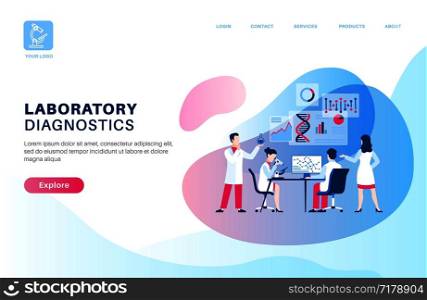 Scientific research landing. Medical dna research in clinical diagnostics center with lab equipment and genetic engineers. Vector studying pharmaceutic people template of web page. Scientific research landing. Medical dna research in clinical diagnostics center with lab equipment and genetic engineers. Vector page