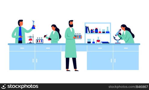 Scientific research. Scientist people wearing lab coats, science researches and chemical laboratory experiments. Chemistry clinic laboratories, microbiology pharmaceutical research vector illustration. Scientific research. Scientist people wearing lab coats, science researches and chemical laboratory experiments vector illustration
