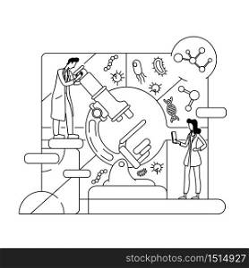 Scientific research thin line concept vector illustration. Biologists, scientists with microscope 2D cartoon characters for web design. Scientific lab research, medical engineering creative idea. Scientific research thin line concept vector illustration