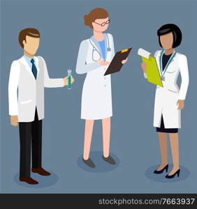 Scientific researchers making experiments in laboratory, scientists group in uniform vector. Medical equipment, science and lab flask, doctor with stethoscope. Women with notepads, man in white robe. Scientists Group and Researchers with Lab Flask