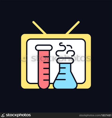 Scientific show RGB color icon for dark theme. Educational TV series for learning science. Isolated vector illustration on night mode background. Simple filled line drawing on black. Scientific show RGB color icon for dark theme