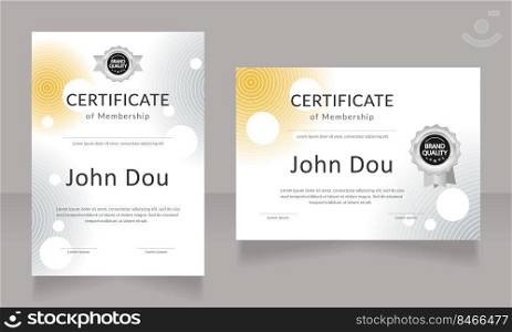 Scientific society membership certificate design template set. Vector diploma with customized copyspace and borders. Printable document for awards and recognition. Lato, Calibri Regular fonts used. Scientific society membership certificate design template set