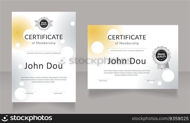 Scientific society membership certificate design template set. Vector diploma with customized copyspace and borders. Printable document for awards and recognition. Lato, Calibri Regular fonts used. Scientific society membership certificate design template set