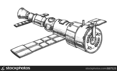 Scientific Space Exploring Satellite Ink Vector. Satellite For Navigation System And Explore Cosmos And Earth Planet. Cosmic Station Hand Drawn In Vintage Style Black And White Illustration. Scientific Space Exploring Satellite Ink Vector