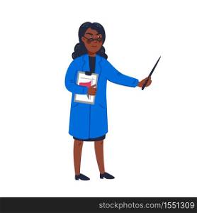 scientist - African American Woman scientist in lab coat holding pointer. Scientific research, fight against covid-19. Flat style vector illustration on white background. scientist - African American Woman scientist in lab coat holding pointer. Scientific research, fight against covid-19. Flat style vector illustration on white background.