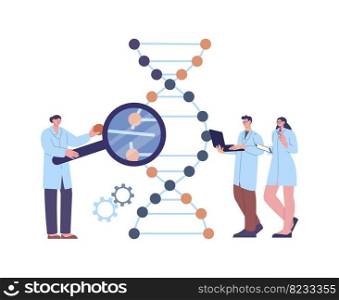 Scientist and assistants research DNA. Genetic lab experience, people born code change process. Medical laboratory work vector scene. Illustration of research laboratory. Scientist and assistants research DNA. Genetic lab experience, people born code change process. Medical laboratory work vector scene