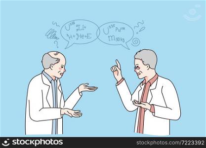 Scientist and scientific communication concept. Two men doctors scientists standing and chatting about chemicals with formulas flying above vector illustration . Scientist and scientific communication concept.