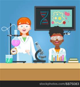 Scientist and student in chemistry laboratory. Girl scientist and student in chemistry laboratory. Vector illustration